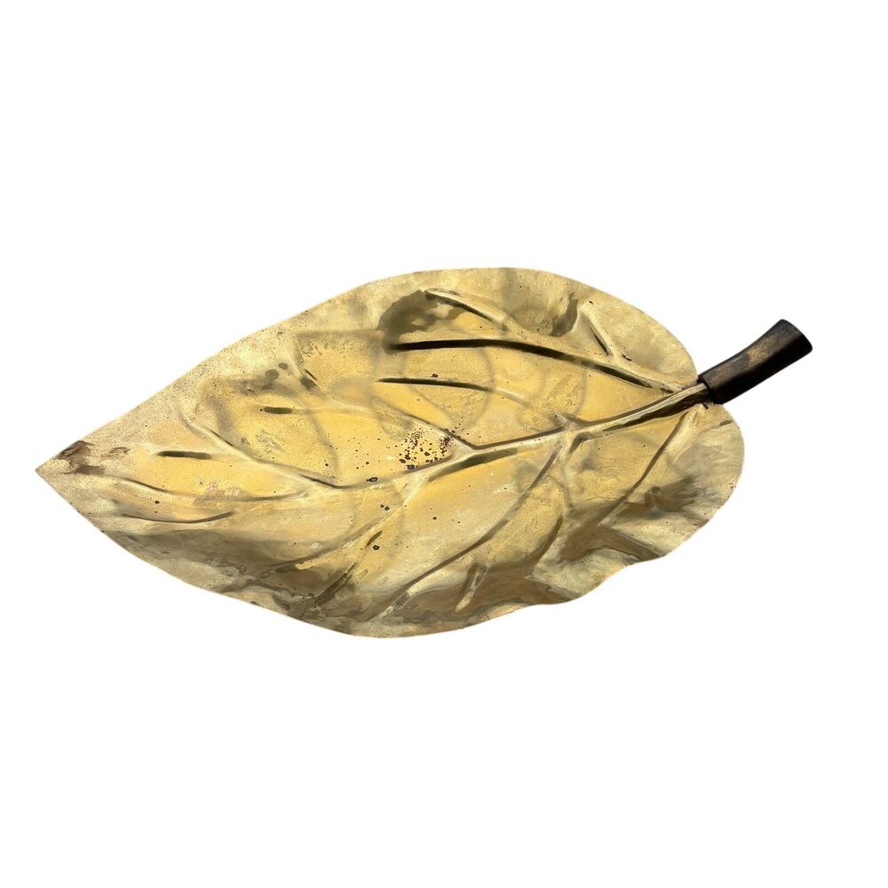 RARE VINTAGE 24X14" SOLID BRASS FOOTED LEAF TRINKET TRAY DISH HOME DECOR